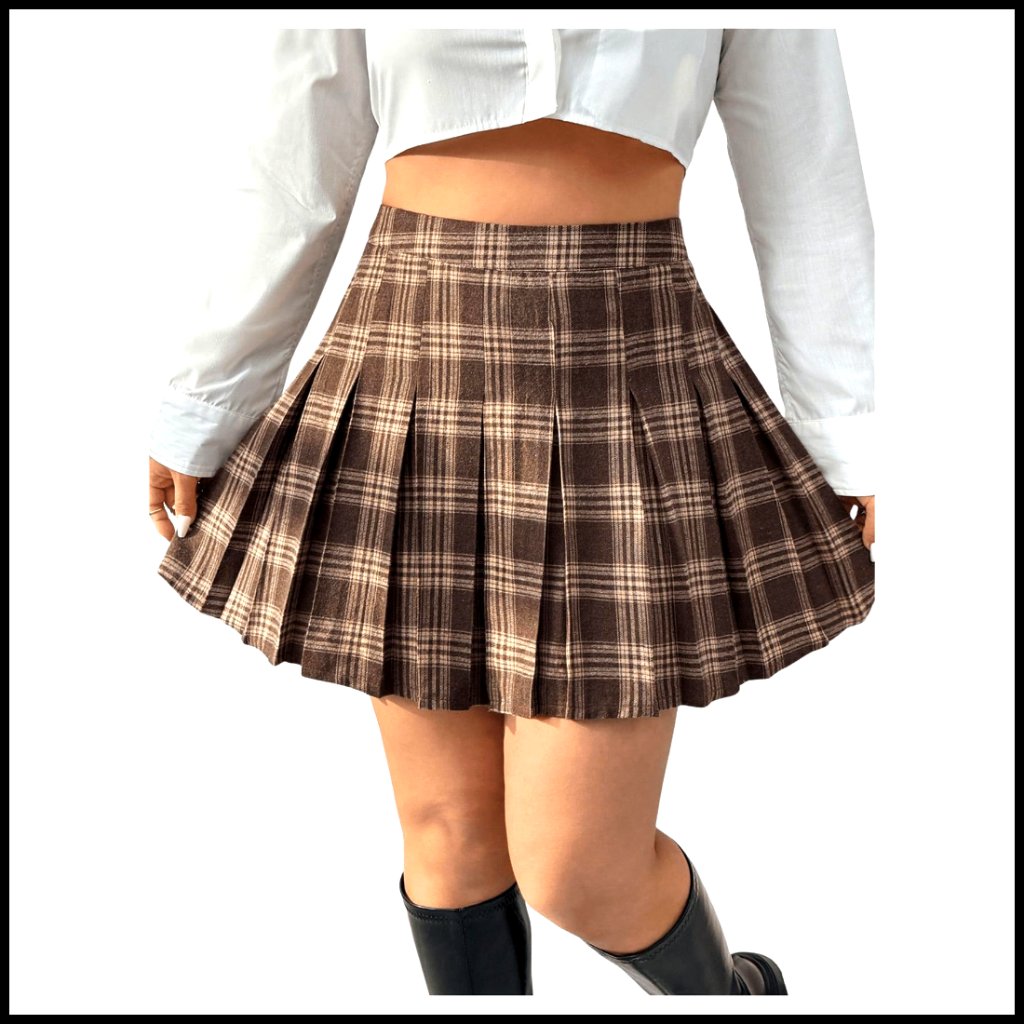 Plus Size High Waist Pleated Mini Skirt Plaid Print A-Line Uniform